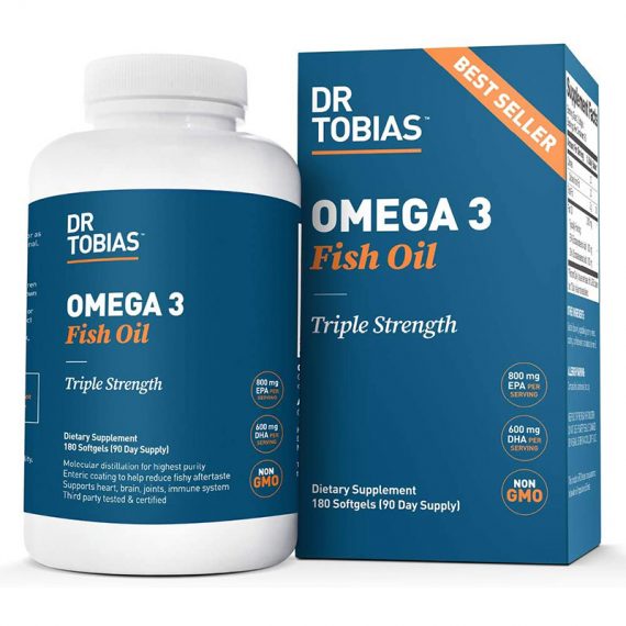 Dr Tobias Omega 3 Fish Oil Triple Strength, 2,000mg, Burpless, Non-GMO, NSF-Certified (180 Softgels)
